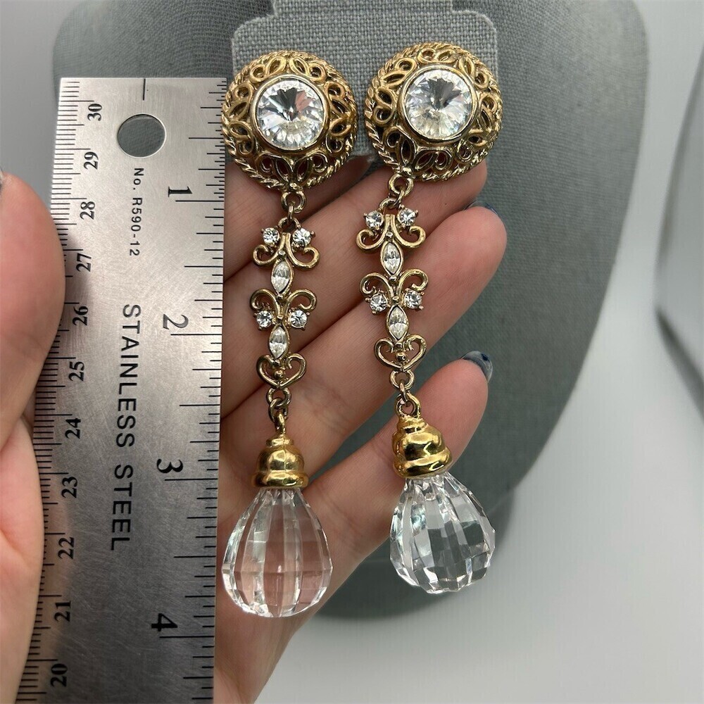 Vintage Inspired Ornate Gold Tone Filigree Long Teardrop Dangle Earrings Sparkle - Picture 4 of 6